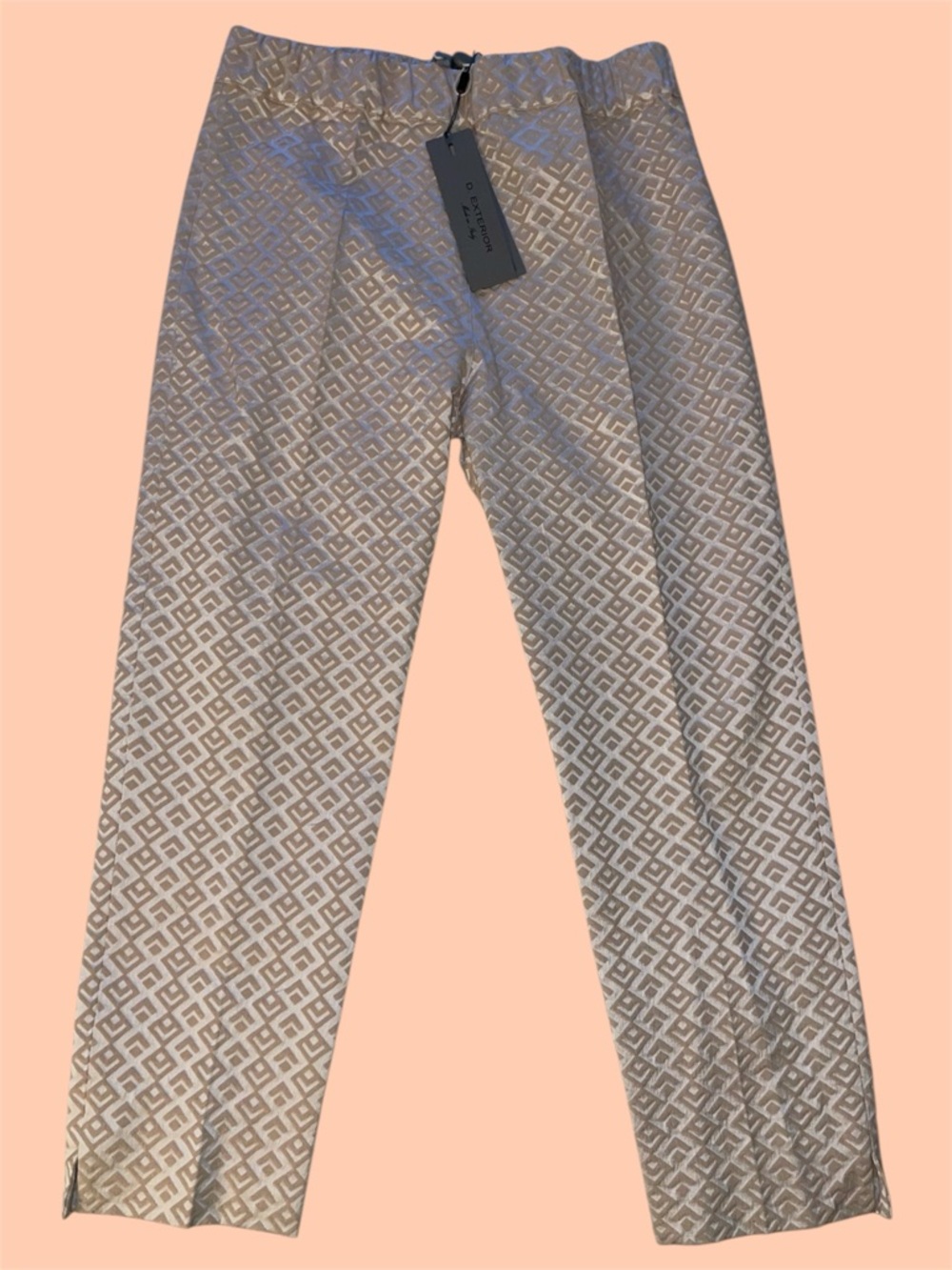 D. Exterior Elastic Waist Geometric Patterned Pants in Cream and Dusty Rose Pink